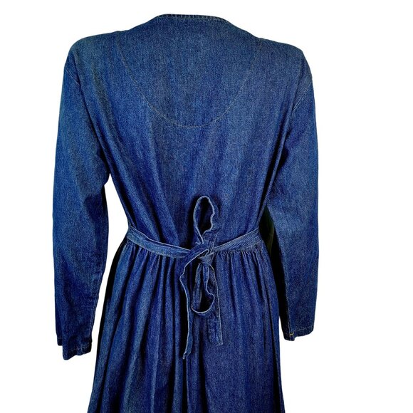 Vintage 90s Denim Midi Dress Women Medium Teacher Embellished Rhinestone 8 10 M - Picture 15 of 16
